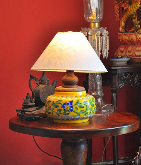 Lime Green Leaves with Yellow Background Table Lamp (Without Lampshade)